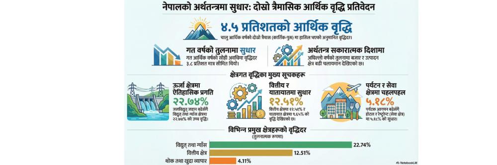 गत वर्षभन्दा अर्थतन्त्र सकारात्मक दिशामा, दोस्रो त्रैमासमा ४.५ प्रतिशतको आर्थिक बृद्धि