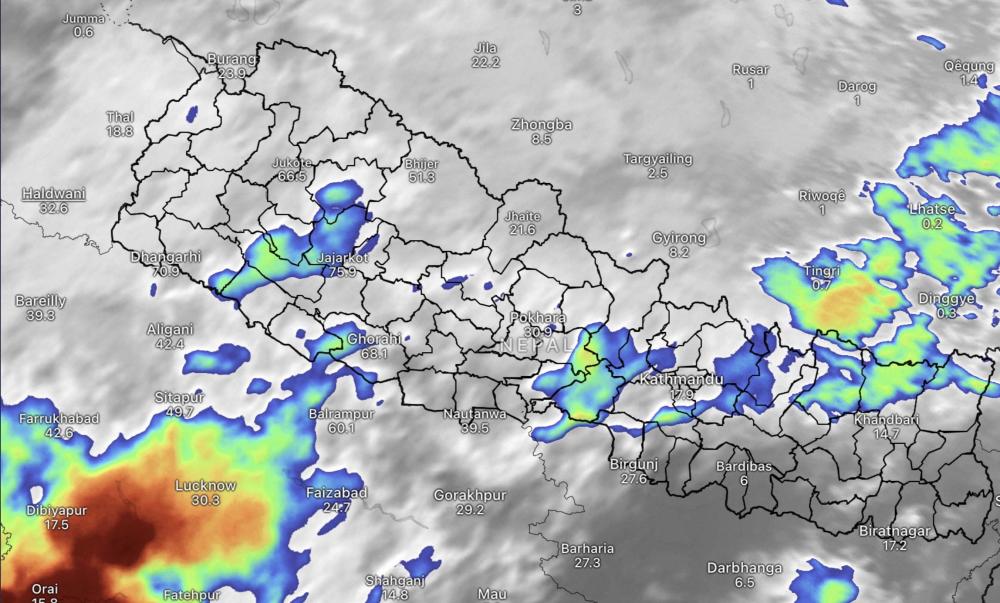 एकदुई स्थानमा मेघगर्जन तथा चट्याङसहित वर्षा र हिमपातको सम्भावना